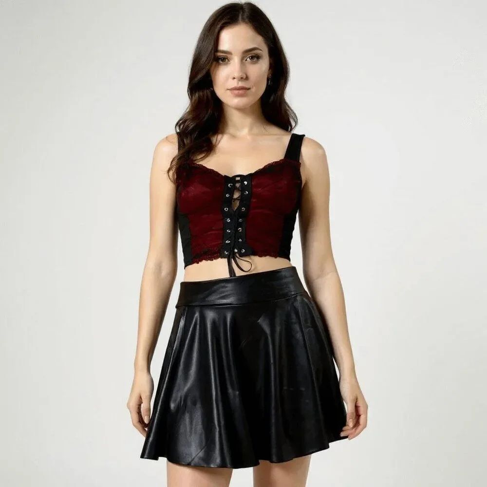 Black Faux Leather Wavy Mini Skirt